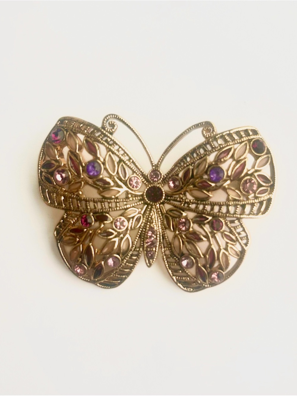 Vintage Gold Butterfly Brooch with Pink & Purple Accents